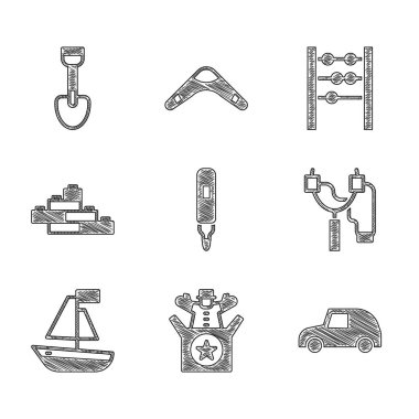 İşaretli kalem, oyuncaktaki Jack, oyuncak araba, sapan, tekne, yapı taşı tuğlaları, Abaküs ve Kürek ikonu. Vektör