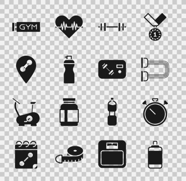 Kum torbası, Kronometre, Göğüs açıcı, Halter, Spor Salonu ve Kart ikonu. Vektör