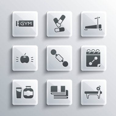 Havlu yığını, Barbel 'li Bench, Takvim fitness, Dumbbell, Spor Beslenme, Apple, Konum Spor Salonu ve Koşu Makinesi ikonu. Vektör