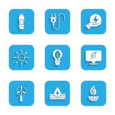 Ampulü yaprak, su enerjisi, toprak küre ve konum, rüzgar türbini, güneş paneli, yıldırım ve simge ile ayarla. Vektör