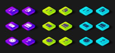 Tren istasyonu saatini, trafik lambasını, bileti, kömür vagonunu, arabayı ve çan ikonunu ayarla. Vektör