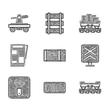 Tren bileti, QR kod treni, yük vagonu, demiryolu geçişi, demiryolu tamiri, haberler ve Draisine ya da el arabası ikonu. Vektör