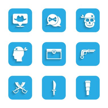 Antika hazine sandığı, Korsan kılıcı, Spyglass teleskop lensi, antika tabancalar, çapraz korsan kılıçları, Kaptan, Kurukafa ve Konum simgesi. Vektör