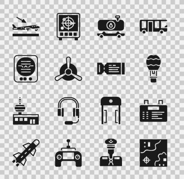 Dünya seyahati haritası, havaalanı kartı, sıcak hava balonu, yakıt tankeri, uçak pervanesi, tutum göstergesi, iniş ve uçak bileti ikonu. Vektör