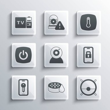 Su sensörü, robot elektrikli süpürge, dijital kapı kilidi, web kamerası, akıllı anahtar, ev, Multimedya ve TV kutusu alıcısı ve termostat ikonu. Vektör