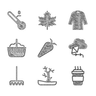 Havuç, çıplak ağaç, kahve fincanı, Kite, Bahçe tırmığı, Sepet, Yağmurluk ve Meteoroloji termometre ikonu. Vektör