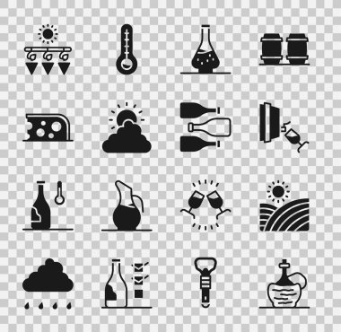 İtalyan fiyaskosu şişesinde şarap, üzüm bağları, tatma, degulasyon, güneş ve bulut havası, Peynir, Kurutma ve Şişe ikonu. Vektör