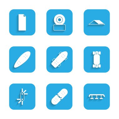 Kaykay seti, kırık kaykay güvertesi, raylı merdivenler, uzun tahta ya da araç allen anahtarları, park ve tutuş bant ikonu. Vektör