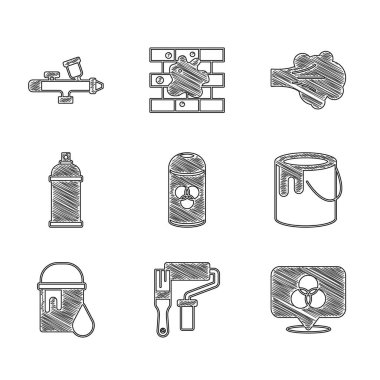 Boya spreyi, paten fırçası, RGB ve CMYK renk karışımı, kova ve silah ikonu. Vektör