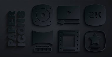Set Play videosu, 2k Ultra HD, ekranlı Sinema salonu, Şöhret Yürüyüşü yıldızı, Online play ve Stereo hoparlör ikonu. Vektör