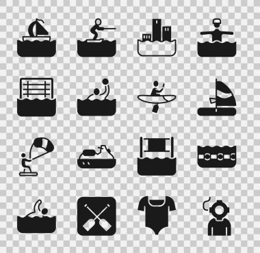 Set Aqualung, yüzme havuzu, rüzgar sörfü, kazanan podyum, su topu, yat yelkenlisi ve kano ve kürek ikonu. Vektör