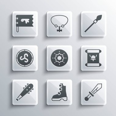 Eski Viking çizmeleri, Ortaçağ kılıcı, ferman, parşömen, parşömen, parşömen, Kalkan, mızraklı Mace, Viking bayrağı ve mızrak simgesi. Vektör