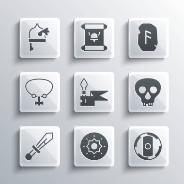 Kalkan Viking, Kafatası, Ortaçağ mızrağı, Kılıç, Mücevherli Kolye, Viking boynuzlu miğfer ve Sihirli Mühür simgesi. Vektör