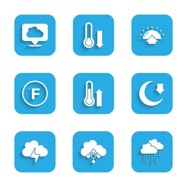 Set Meteorology thermometer, Cloud with snow, rain, Moon, Storm, Fahrenheit, Sunrise and Location cloud icon. Vector