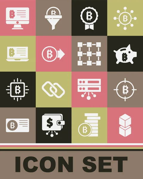 Impostare Tecnologia Blockchain Bitcoin Obiettivo Salvadanaio Bitcoin Mining Dal Computer — Vettoriale Stock