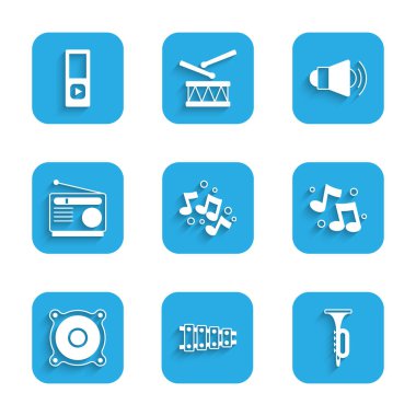 Set Müzik Notası, ton, Ksilofon, Trompet, Stereo hoparlörü, Radyo, Megafon ve oyuncu simgesi. Vektör