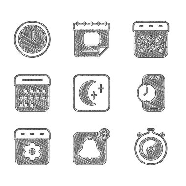 Ay 'ı ve yıldızları ayarla, Alarm saat uygulama mobil, Kronometre, Takvim ilkbaharı, Ödeme günü, Dolar ve Saat simgesiyle takvim. Vektör