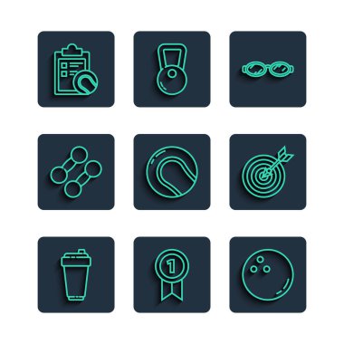 Set hattı fitness sallayıcısı, madalya, bowling topu, yüzme, beysbol, beysbol, Dumbbell, Checklist panosu ve tenis ve ok ikonlu bir hedef. Vektör