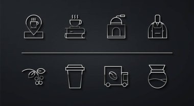 Kahve fincanı, kahve çekirdeği, dal, barista, sokak kamyonu makinesi ile yer belirleyin ve yer ayırtın, makinenin üzerine dökücü ve manuel öğütücü ikonu. Vektör