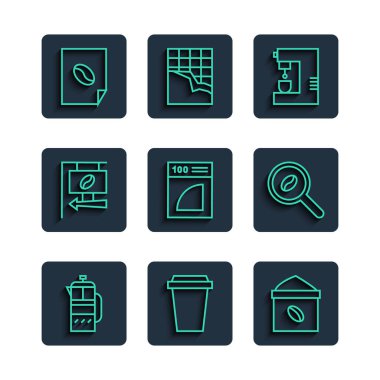 Fransız matbaası, paket kahve fincanı, kahve çekirdekleri, makine, kağıt filtre, sokak tabelası, poster ve seçim ikonu. Vektör