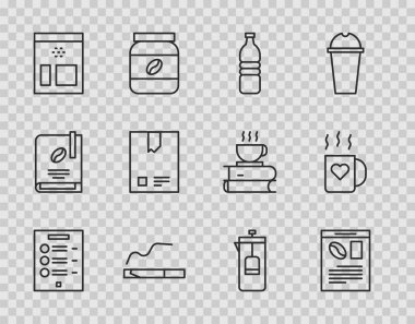 Sabit hat kahve menüsü, gazete ve kahve, şişe suyu, sigara, fasulye, kahve makinesi ve bardak kalp ikonu. Vektör