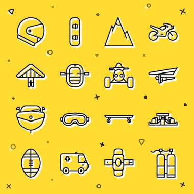 Set hattı Aqualung, Formula 1 yarış arabası, Hang plander, Mountains, rafting boat, Helmet ve ATV motosiklet ikonu. Vektör