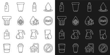 Hattı kurun, su damlası yasaklandı, su bardağı, kimyasal formül H2O, şişe çözeltisi, ve temiz su ikonunu geri dönüştür. Vektör