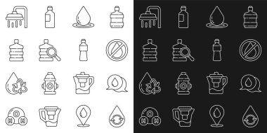 Geri dönüşüm hattı temiz su, konuşma baloncukları, yasak, büyük şişe suyu, duş başlığı ve bir şişe ikon. Vektör