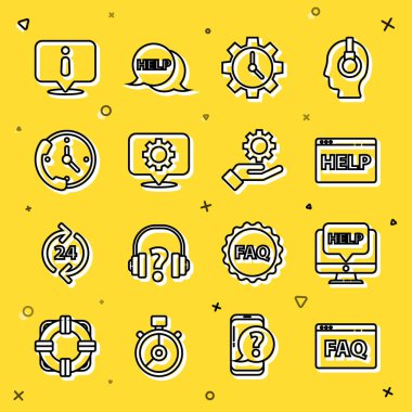 Hat Tarayıcı SSS, Bilgisayar İzleme ve Yardım, Zaman Yönetimi, Ekipmanlı konum, Telefon 24 saat desteği, Bilgi ve Ayarlar el simgesinde. Vektör