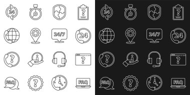Dizüstü bilgisayarı, SSS 'i, soru işaretli tarayıcıyı, 24 saatlik telefon desteğini, kalkanı, konum ekipmanını ve saat simgesini ayarla. Vektör