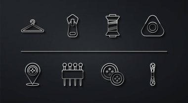 Hat askısı gardırobu, konum terzisi, tebeşir, düğme dikiş iğnesi, fermuar, iplik ipliği ve iplik ikonu. Vektör