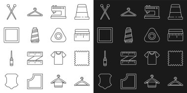 Hat askısı gardırobu, deri, mezura, dikiş makinesi, iplik, desen, örgü iğneleri ve tebeşir ikonu. Vektör