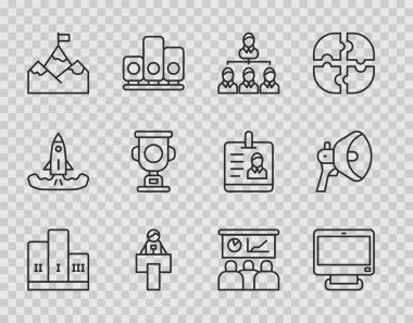 Kazanan podyum, bilgisayar monitörü, hiyerarşi organizogramı şeması, sahne tribünü, bayrak, kupa, eğitim, sunum ve megafon ikonlu dağlar için çizgi ödülü belirleyin. Vektör