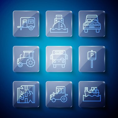 Bozuk yol, traktör, kutularla dolu kargo gemisi, otobüs, karavan ve park ikonu. Vektör