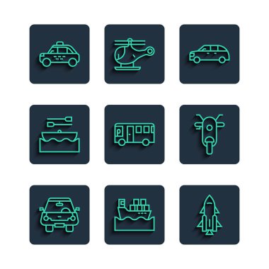 Çizgili araba, kutulu kargo gemisi, roket ateşi, Hatchback arabası, otobüs, kürek, taksi ve Scooter ikonu. Vektör