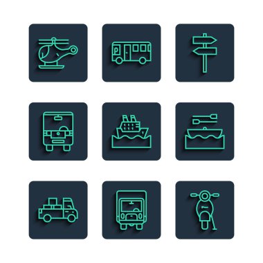 Hat teslimat kamyonu, kargo, scooter, trafik levhası, yolcu gemisi, otobüs, helikopter ve kürek ikonlu tekne. Vektör