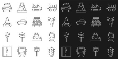 Hat ışığı, tren ve tren yolu, Scooter, çekici, Hatchback araba, koni, polis teşhircisi ve araba ikonu. Vektör