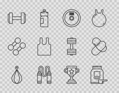 Sıraya girin. Kum torbası, spor beslenme çantası, ağırlık tabağı, ip atlama, Dumbbell, kolsuz tişört, ödül kupası ve ikon. Vektör