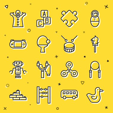 Çizgi, lastik ördek, atlama ipi, oyuncak at, yapboz parçaları oyuncağı, raket ve top, taşınabilir video oyun konsolu, oyuncak bebek eli ve davul sopası ikonlu Drum. Vektör