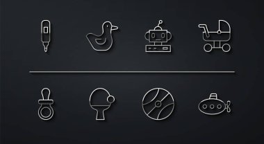 Çizgi kalem, bebek mankeni emziği, bebek arabası, basketbol topu, raket ve plastik ördek, denizaltı oyuncağı ve robot ikonu. Vektör