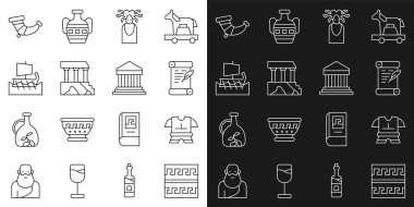 Eski Yunan deseni, vücut zırhı, ferman, parşömen, parşömen, parşömen, Medusa Gorgon, partenon, trireme, av boynuzu ve ikonu. Vektör