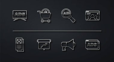 Satır Reklamcılığı, Tarayıcı penceresi, ayar, megafon, grafik grafikli tahta, alışveriş arabası, dolar ve ikon. Vektör