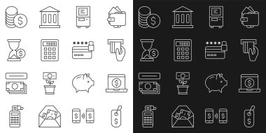 Dolar, dizüstü bilgisayar, kredi kartı, ATM, hesap makinesi, kum saati, madeni para ve kilit simgesi ile Price etiketini ayarla. Vektör