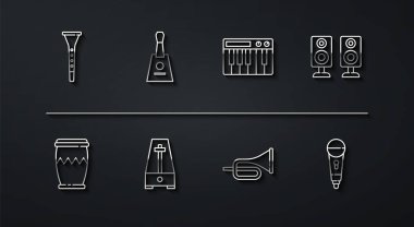 Klarnet, Davul, Stereo hoparlörü, Trompet, Sarkaçlı Metronom, Balalaika, Mikrofon ve Müzik Sentezleyici ikonu. Vektör