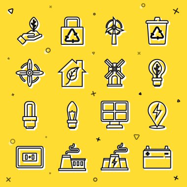 Hat hattı aküsü, yıldırım, yapraklı ampul, rüzgar türbini, çevre dostu ev, bitki eli ve ikon. Vektör