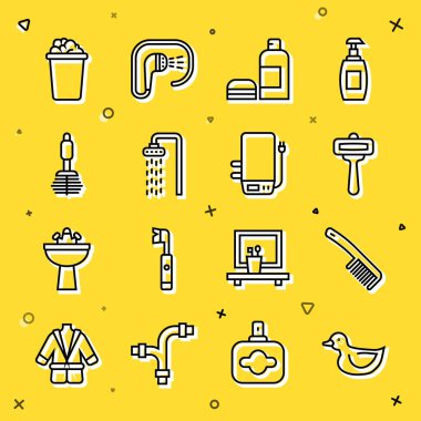 Lastik ördek, saç fırçası, tıraş bıçağı, bir şişe şampuan, duş, tuvalet, sabun köpüklü kova ve elektrikli kazan ikonu. Vektör