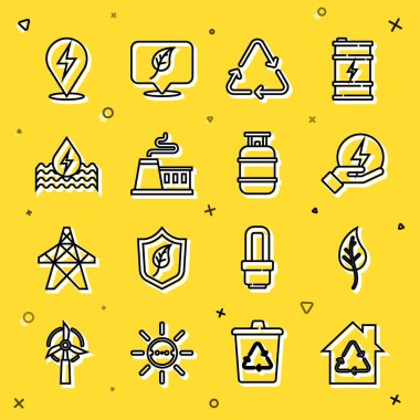 Geri dönüşüm, Yaprak ya da Yaprak, Yıldırım, Geri Dönüşüm sembolü, Fabrika, Su Enerjisi ve Propan gaz tankı ikonu ile Eco House hattını ayarlayın. Vektör