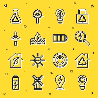 Ampulü yıldırımla, Eko Evi geri dönüşümü, yıldırım, yaprak, su enerjisi, rüzgar türbini, çöp torbası geri dönüşümü ve pil ikonu ile ayarlayın. Vektör