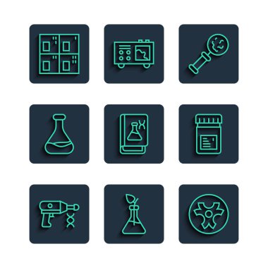 Hat Aktarım Sıvı Tabancası, Bitki Yetiştirme, Biyolojik Tehlike Sembolü, Büyüteç, Genetik Mühendisliği Kitabı, Test tüpü ve matarası, Periyodik Tablo ve katkı simgesiyle kavanoz altında mikroorganizmalar. Vektör