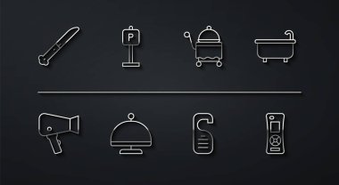 Hat bıçağı, saç kurutma makinesi, küvet, lütfen rahatsız etmeyin, tepsi, park yeri, uzaktan kumanda ve ikon ile kaplansın. Vektör